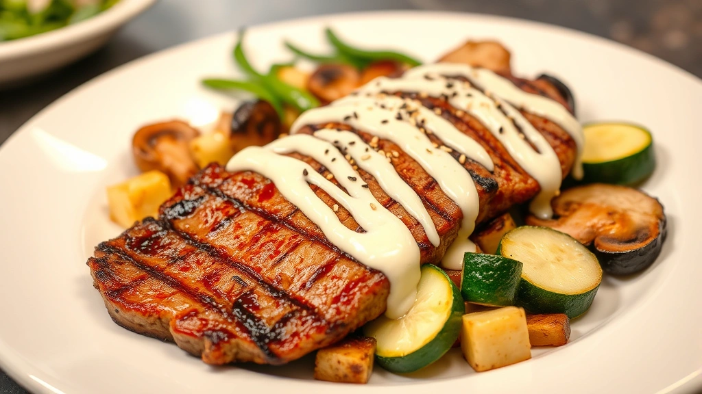 Plated hibachi steak served with grilled vegetables including mushrooms, onions, zucchini, creamy white sauce drizzled artistically, sesame seeds garnish, restaurant-quality presentation