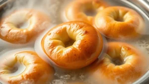 Golden-brown boiled bagels floating in steaming water with visible steam rising, showing the characteristic shiny surface from the boiling process, professional food photography style