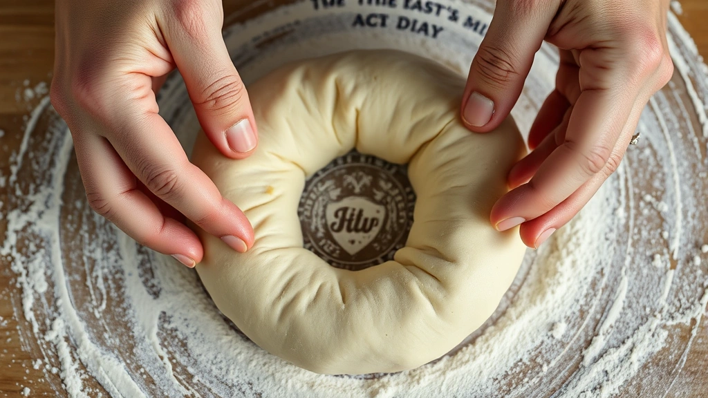 Hands shaping raw bagel dough into a ring shape by stretching dough through thumb hole, showing proper technique with flour-dusted work surface, close-up detail shot
