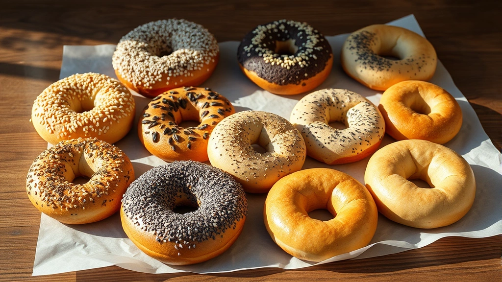 Freshly baked bagels with various toppings including sesame seeds, poppy seeds, everything seasoning, and plain varieties arranged on parchment paper cooling on wooden table, warm natural lighting