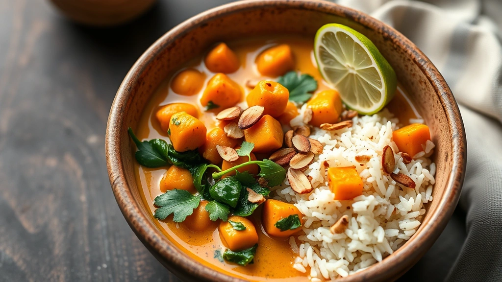 Creamy chickpea curry with roasted butternut squash, spinach, and cilantro served in a rustic ceramic bowl with jasmine rice, warm spice-infused steam rising, garnished with toasted almonds and lime wedge