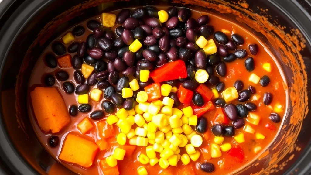 Colorful slow cooker filled with layered sweet potatoes, black beans, corn, and vibrant red bell peppers in rich tomato-based sauce, ingredients visible through clear slow cooker lid, ready for cooking