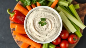 Overhead view of creamy herb dip in white ceramic bowl surrounded by colorful fresh vegetables including red bell peppers, carrots, cherry tomatoes, and celery on wooden serving board