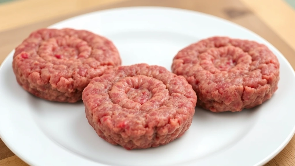 Perfectly shaped venison burger patties with center dimples on a white ceramic plate, showing raw texture and color before cooking, professional food styling with natural lighting