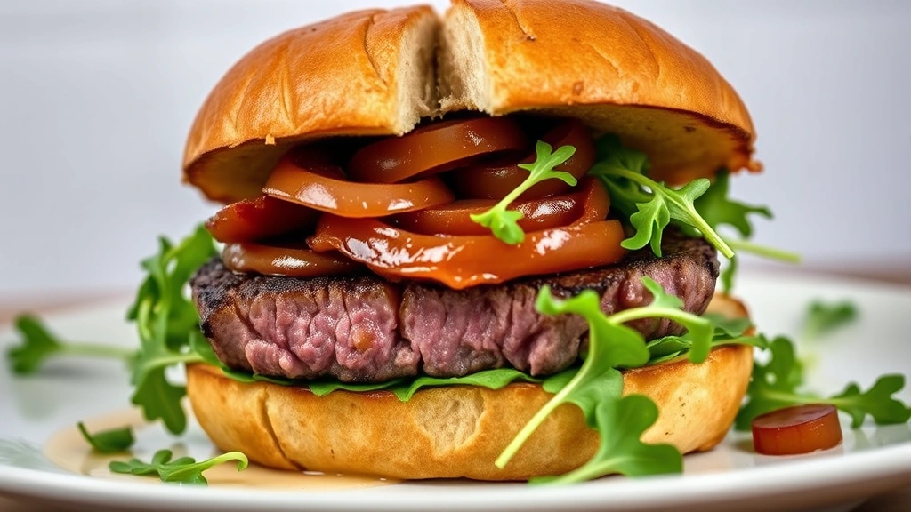 Juicy medium-rare venison burger on a toasted brioche bun with caramelized onions and fresh arugula, cross-section visible showing pink interior, steam rising slightly, gourmet plating style