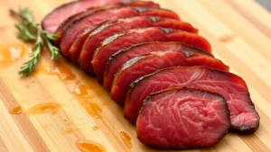 Close-up of perfectly sliced venison strips arranged on a wooden cutting board, showing the deep red color and clean cuts against natural wood grain background