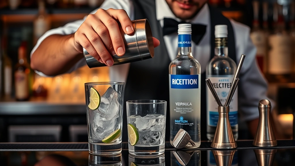 Professional bartender using Boston shaker with ice, lime wedges, and vodka bottle visible on polished bar counter with stainless steel tools, focused concentration on technique