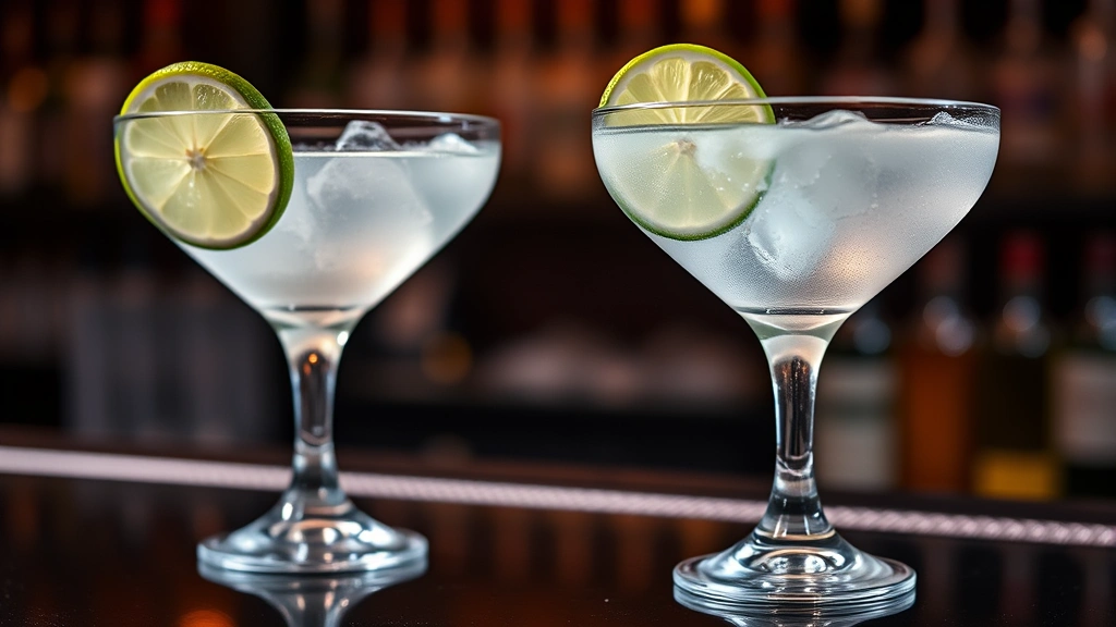 Two perfectly chilled vodka gimlets in coupe glasses with lime wheels, condensation on glass exterior, professional bar setting with dim warm lighting and dark background