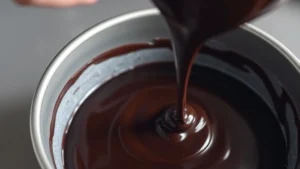 Close-up of dark chocolate batter being poured into a greased round cake pan, showing rich brown color and smooth texture, professional kitchen lighting