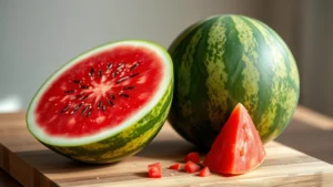 Ripe watermelon cut in half showing vibrant red flesh and seeds on a wooden cutting board, soft natural sunlight, professional food photography