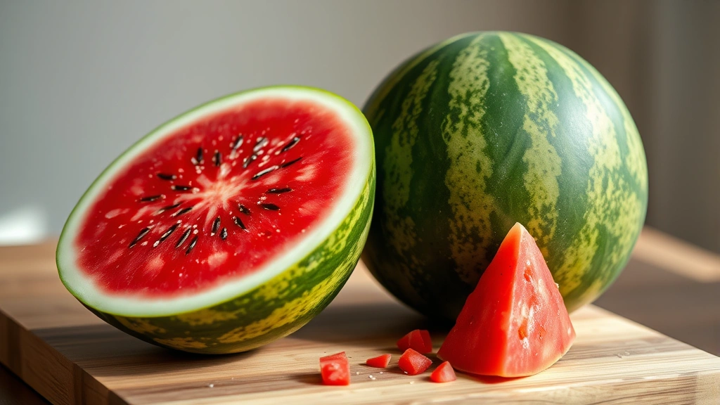 Ripe watermelon cut in half showing vibrant red flesh and seeds on a wooden cutting board, soft natural sunlight, professional food photography