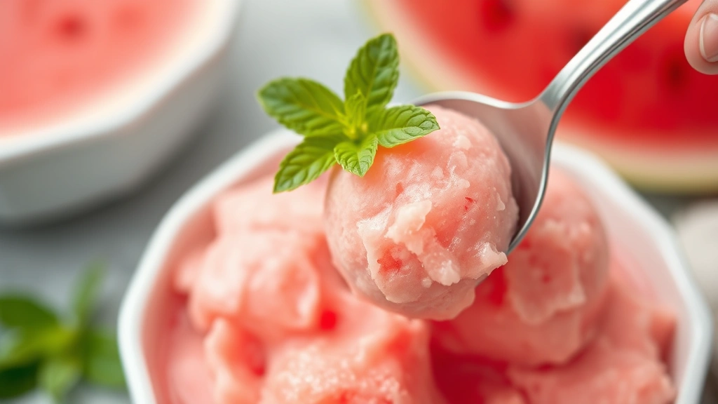 Creamy pink watermelon sorbet being scooped into a white ceramic bowl, showing smooth texture and perfect scoopability, garnished with fresh mint leaf