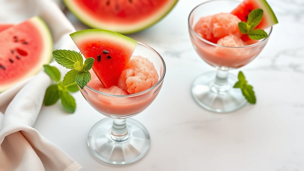 Watermelon sorbet served in elegant glass cups with mint garnish and fresh watermelon slice, arranged on a marble surface with linen napkins