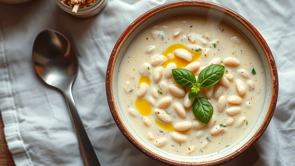 Overhead shot of rustic ceramic bowl filled with creamy white bean stew, garnished with fresh basil and olive oil drizzle, warm steam rising, wooden spoon beside bowl on linen tablecloth