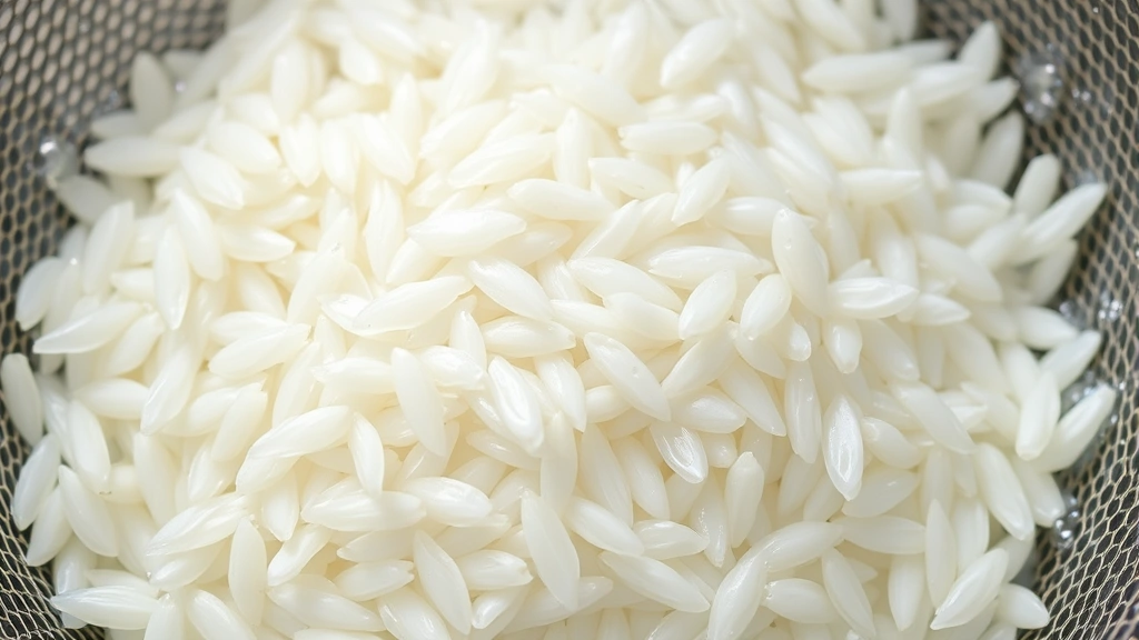 Close-up of long-grain white rice grains in a fine-mesh strainer under cool running water, water droplets visible, demonstrating proper rinsing technique