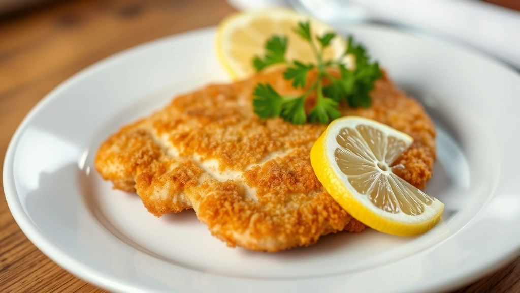 Golden-brown veal schnitzel cutlet on white plate with fresh lemon wedge, steam rising from crispy breaded exterior, garnished with fresh parsley