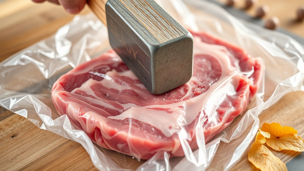 Close-up of meat mallet pounding thin veal cutlet between plastic wrap, showing proper technique and uniform thickness preparation