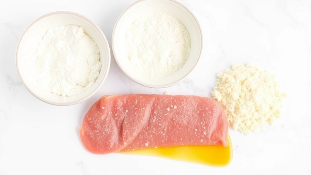 Three shallow bowls containing flour, beaten eggs, and breadcrumbs for breading station setup, with uncooked veal cutlet ready for coating
