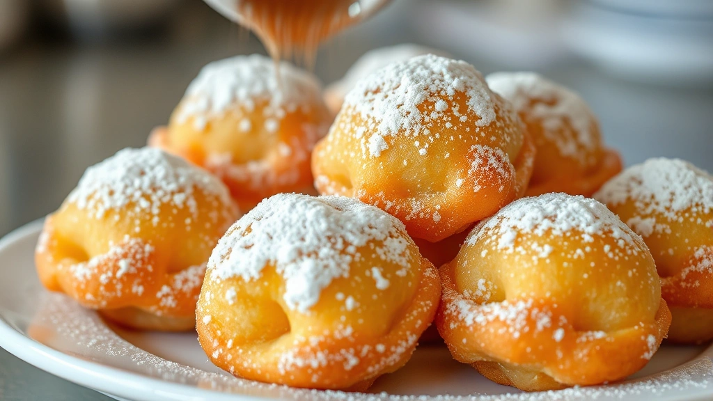 Golden fried zeppole pastries dusted with powdered sugar arranged on a white plate, steam rising, traditional Italian dessert, close-up detail showing crispy exterior and light texture, warm afternoon kitchen lighting