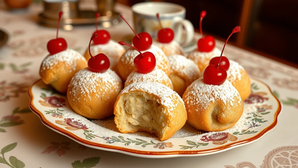 Finished zeppole display on a decorative Italian ceramic plate with powdered sugar coating, some topped with maraschino cherries, coffee cup visible in background, elegant table setting, soft warm lighting
